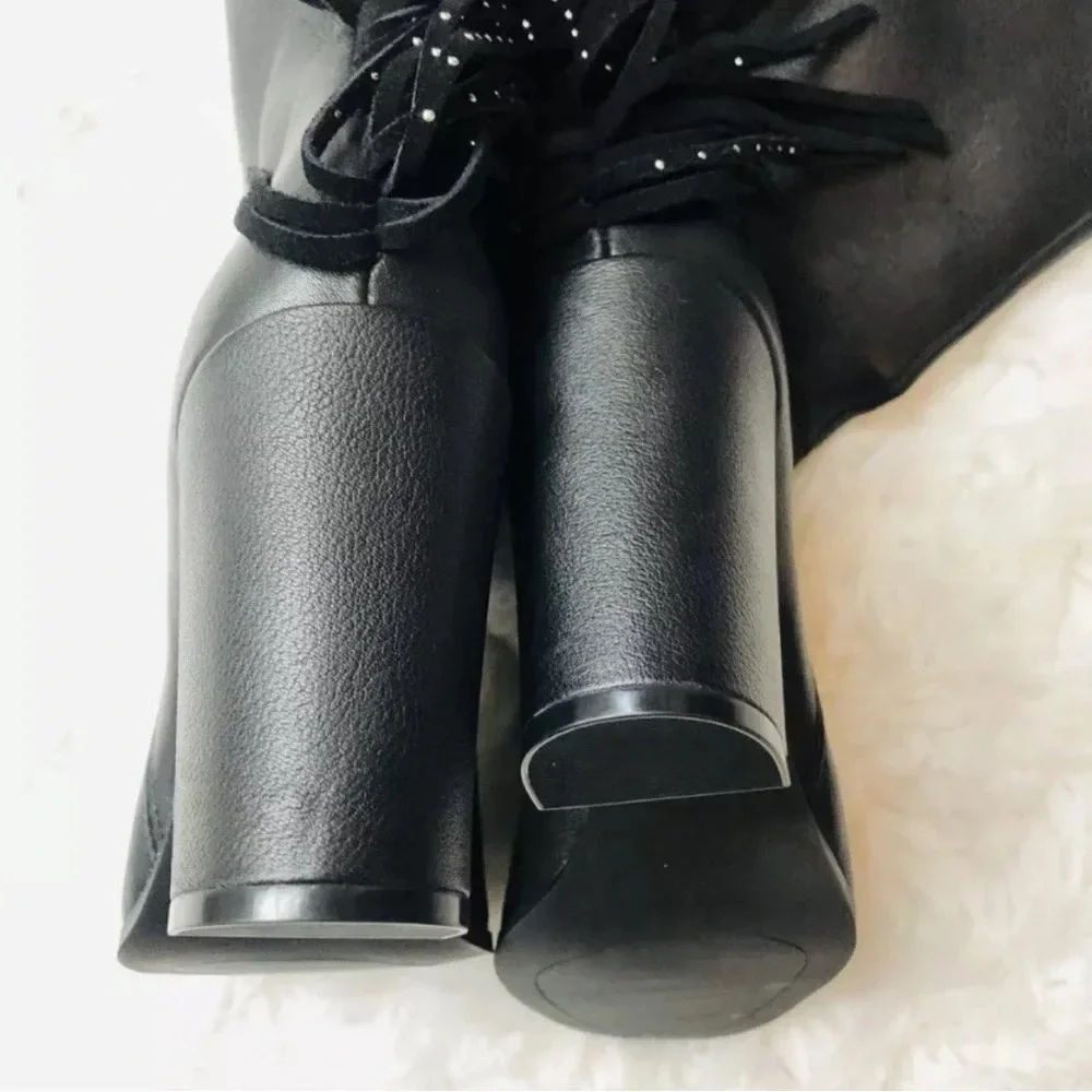 Kenneth Cole Knee High Justin Studded Fringe Boots Black REAL Leather, Sz 9.5NIB